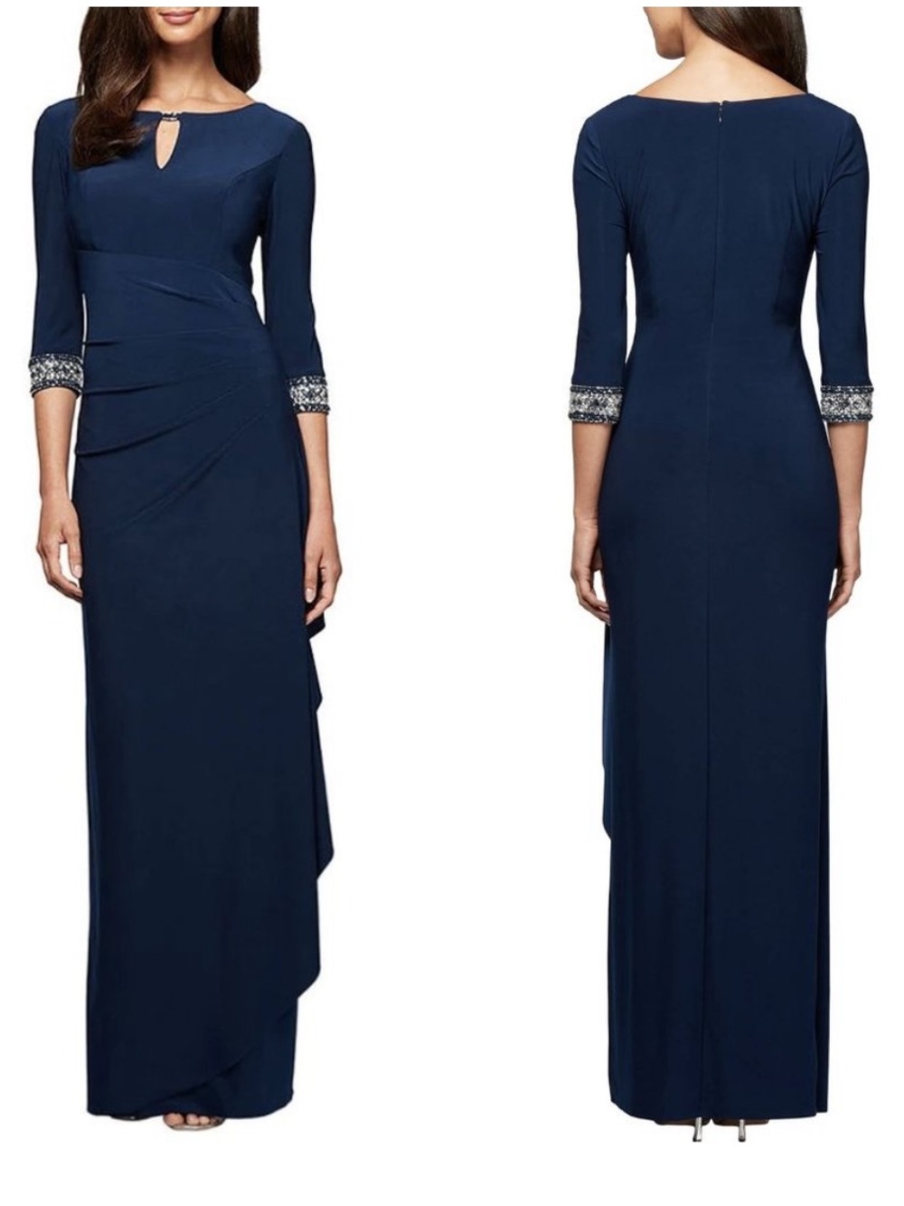 NWT Alex Evenings Keyhole Long Sleeve Rhinestone Jeweled Cuff Gown in Navy 10